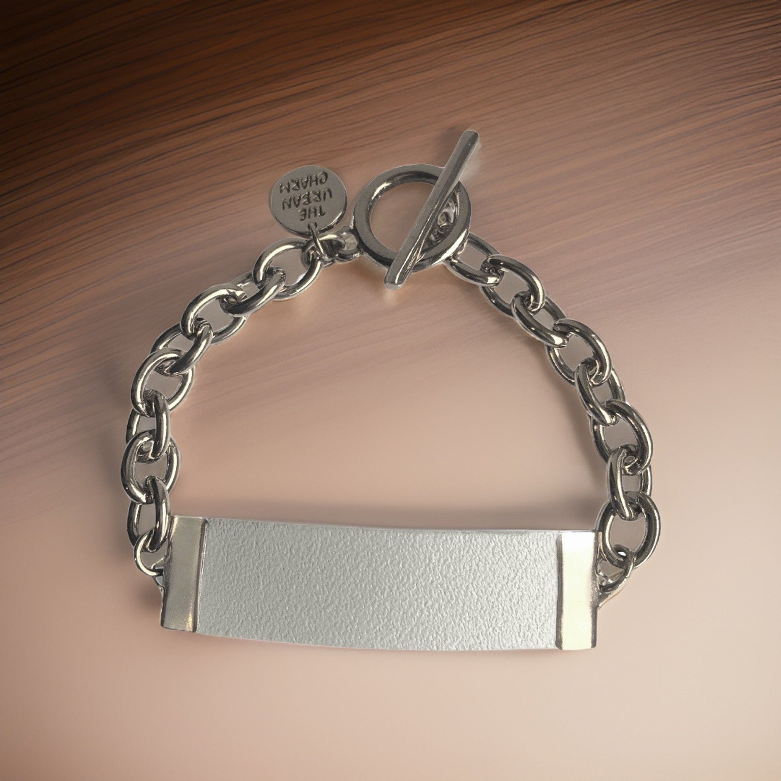 White Genuine Leather and Chain ID Charm Toggle Bracelet
