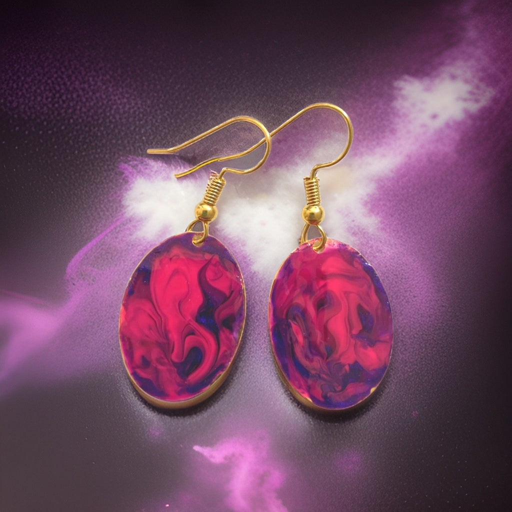 Purple Hand Painted Marbleized Mini Oval Earrings