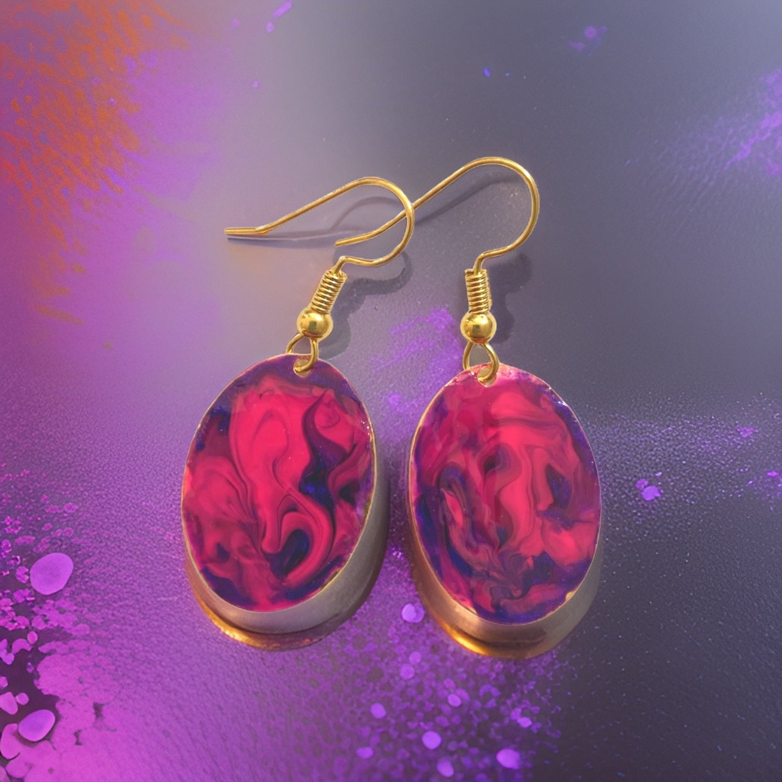 Purple Hand Painted Marbleized Mini Oval Earrings