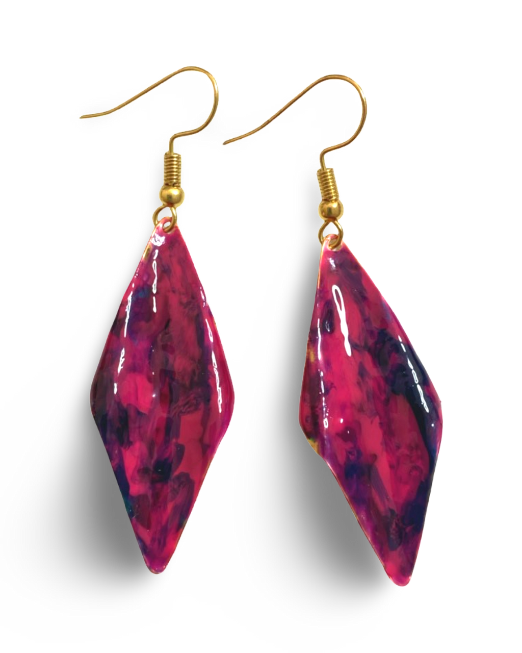 Hand Painted Purple Marbleized Hammered Wavy Dangle Earrings