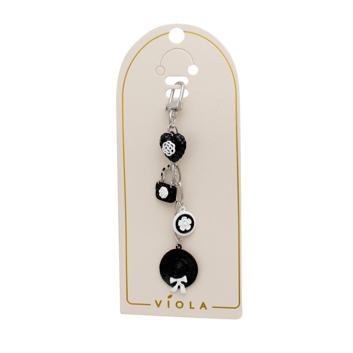 Fashion Keychain Bag Clip with Black and White Camellia Charms, Stylish Accessory