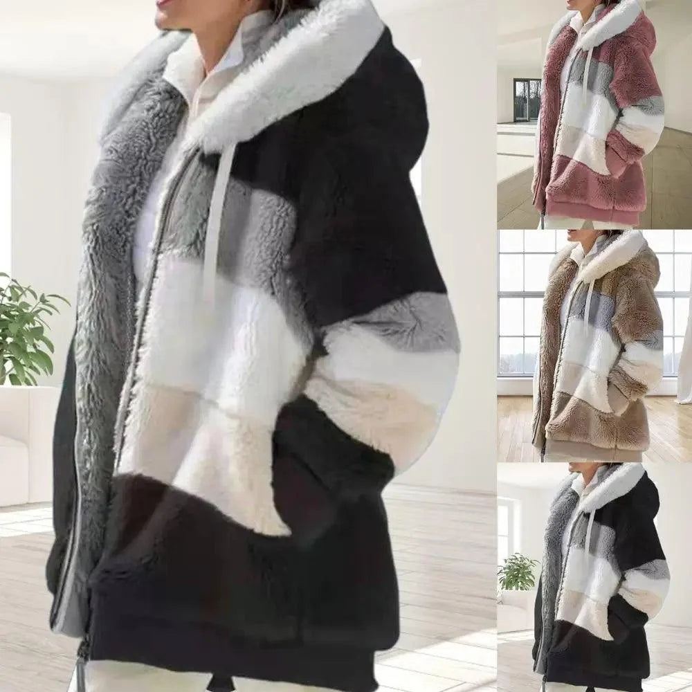 Plus Size Jacket Women Autumn Winter Long Sleeve Color Block Zipper Fluff Hooded Warm Coat Jacket