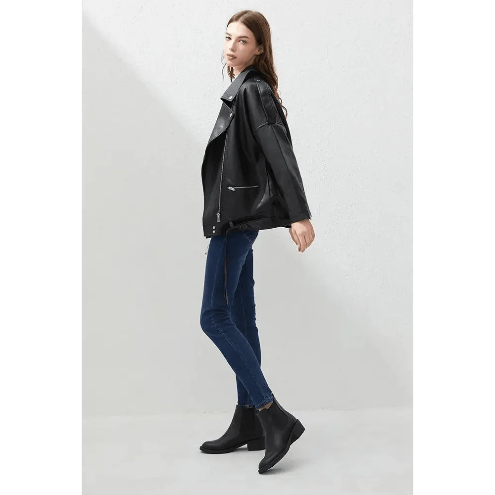 PU Faux Leather Jacket Women Loose Sashes Casual Biker Jackets Outwear Female Tops BF Style Black Leather Jacket Coat