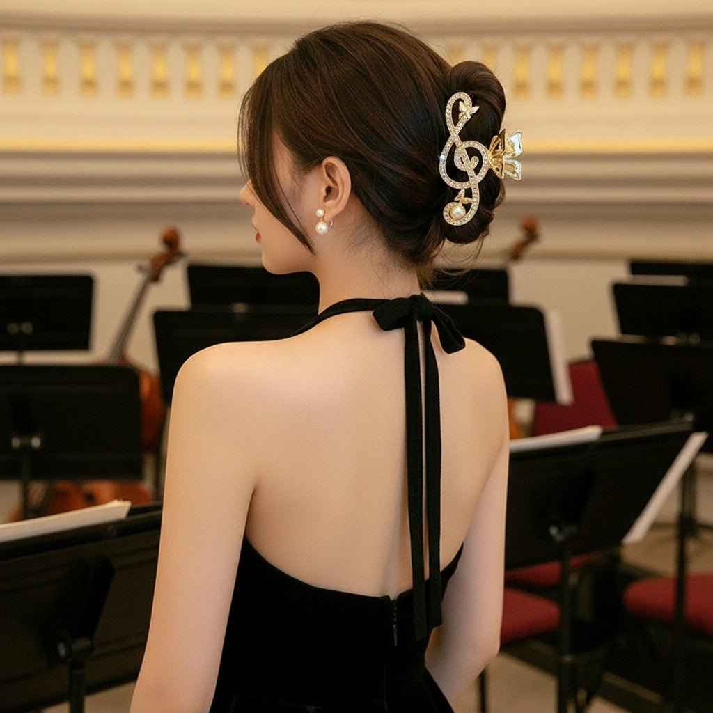 Treble Clef Hair Clip for Women, Gold Tone Music Note Claw Clip, Rhinestone Hair Accessories, Large Hair Clip for Thick Hair, Concert Gift