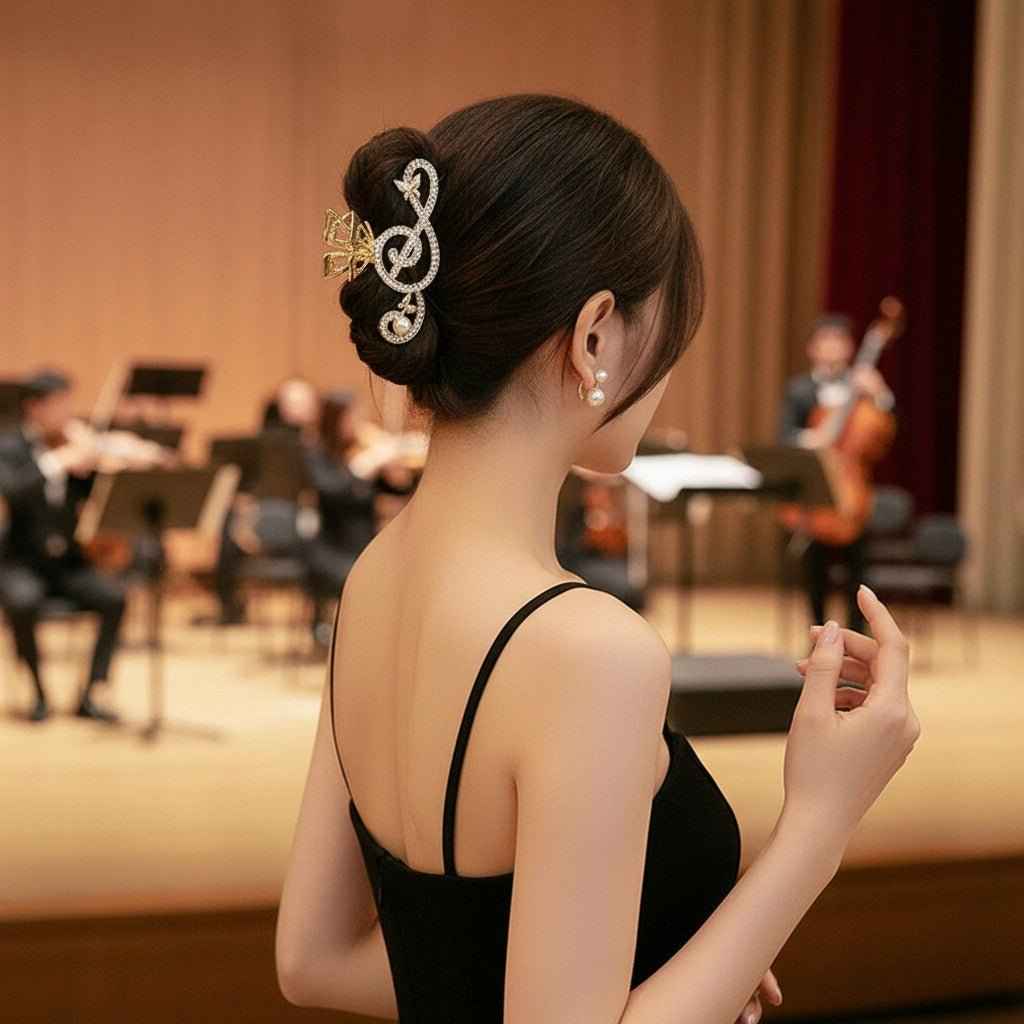 Treble Clef Hair Clip for Women, Gold Tone Music Note Claw Clip, Rhinestone Hair Accessories, Large Hair Clip for Thick Hair, Concert Gift