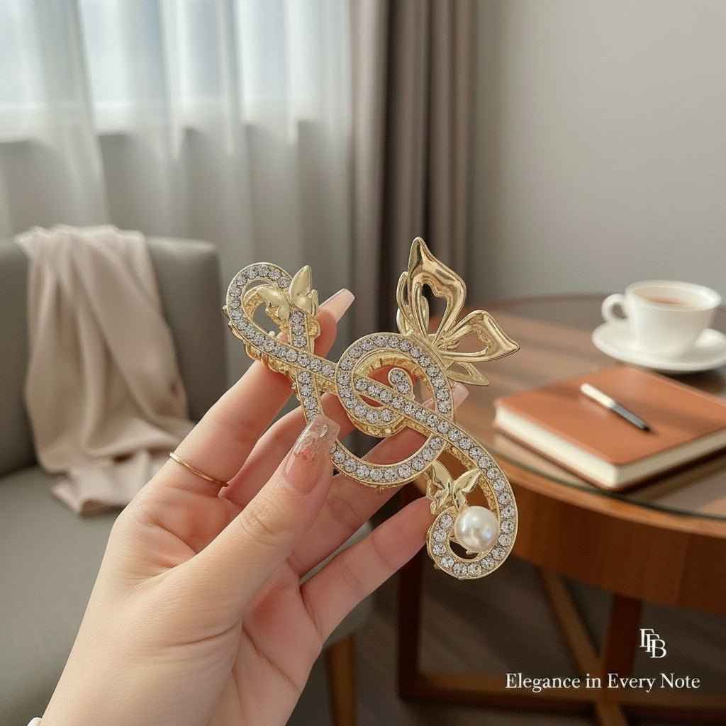 Treble Clef Hair Clip for Women, Gold Tone Music Note Claw Clip, Rhinestone Hair Accessories, Large Hair Clip for Thick Hair, Concert Gift