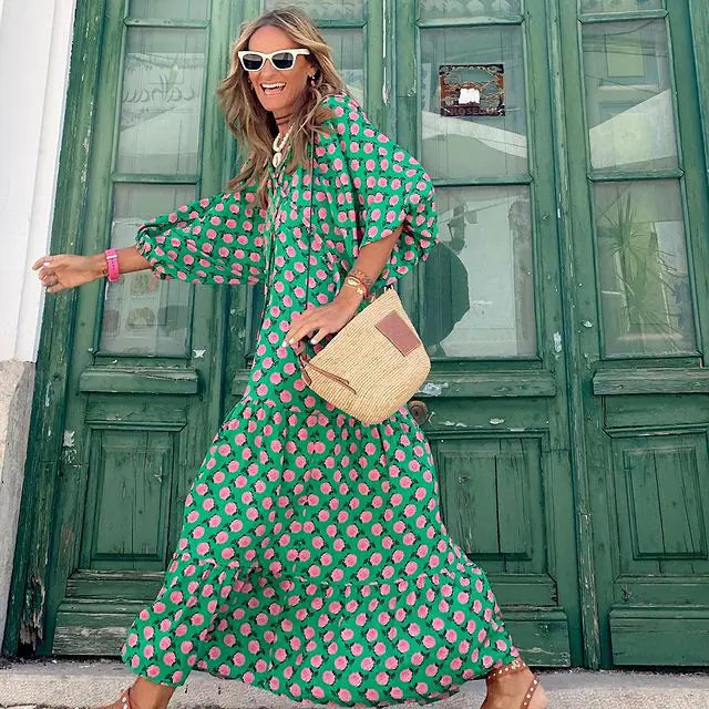 Women's Boho Floral Maxi Dress with Drawstring V Neck