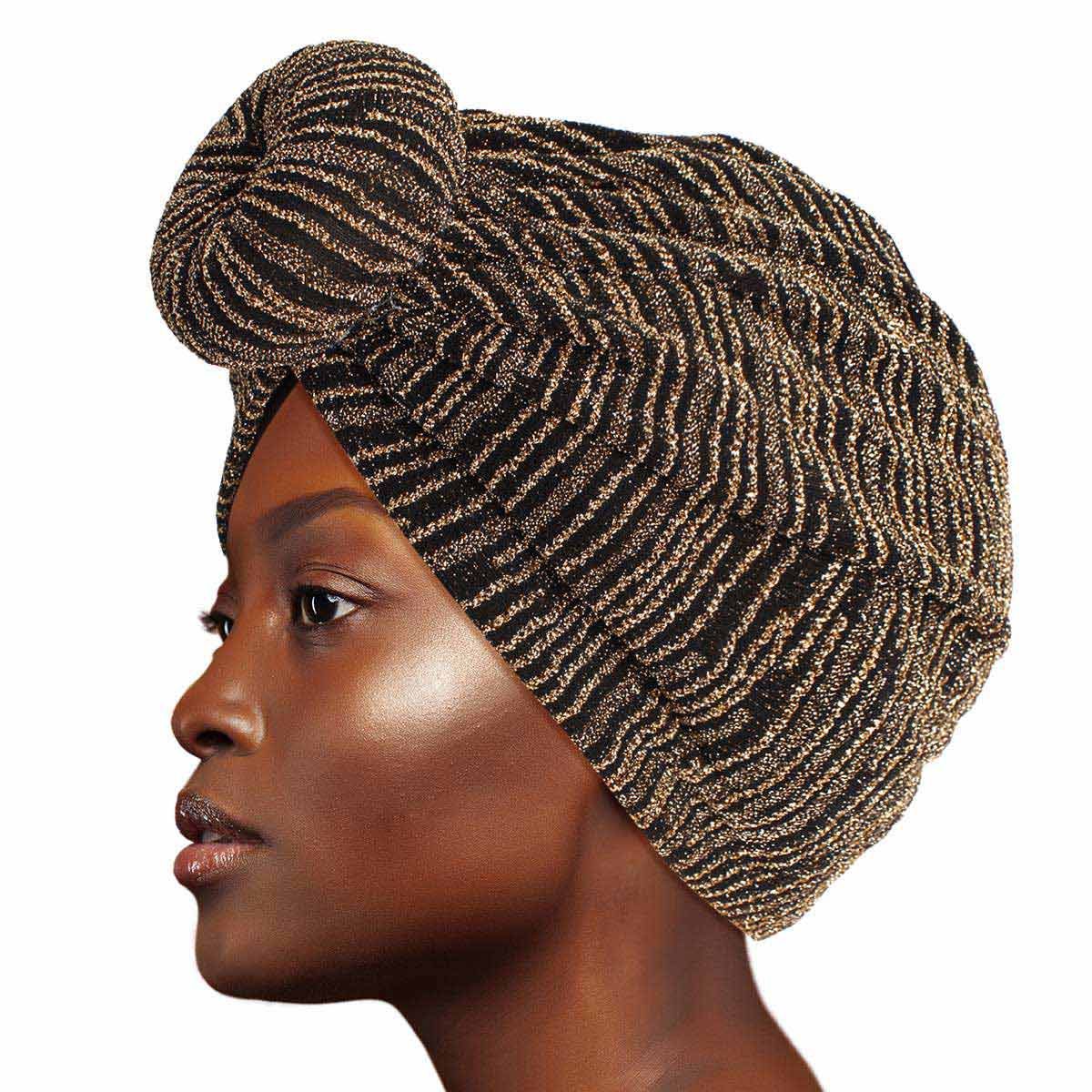 Turban Headband with Gold Stripe Donut Knot – Stylish Fashion Accessory