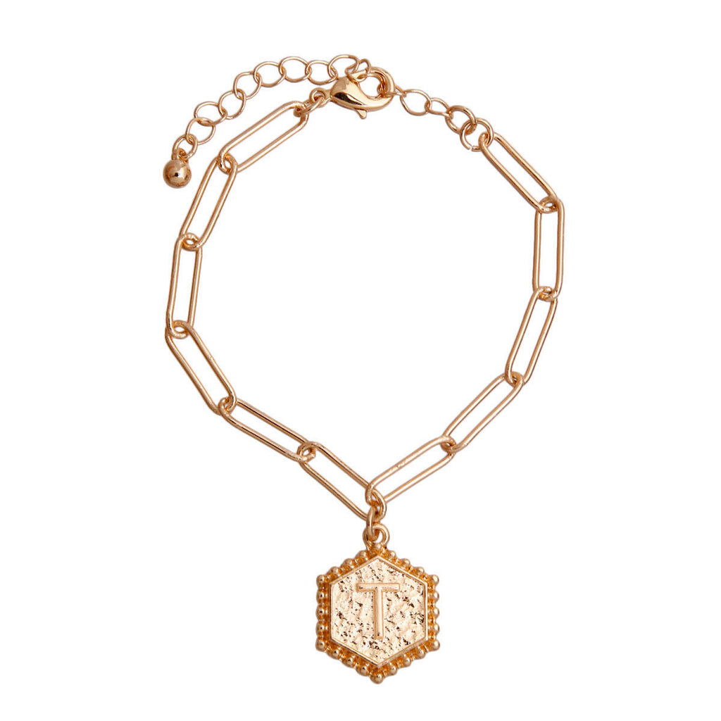 Initial Charm Bracelet with Hexagon T Pendant – Stylish Fashion Jewelry Accessory