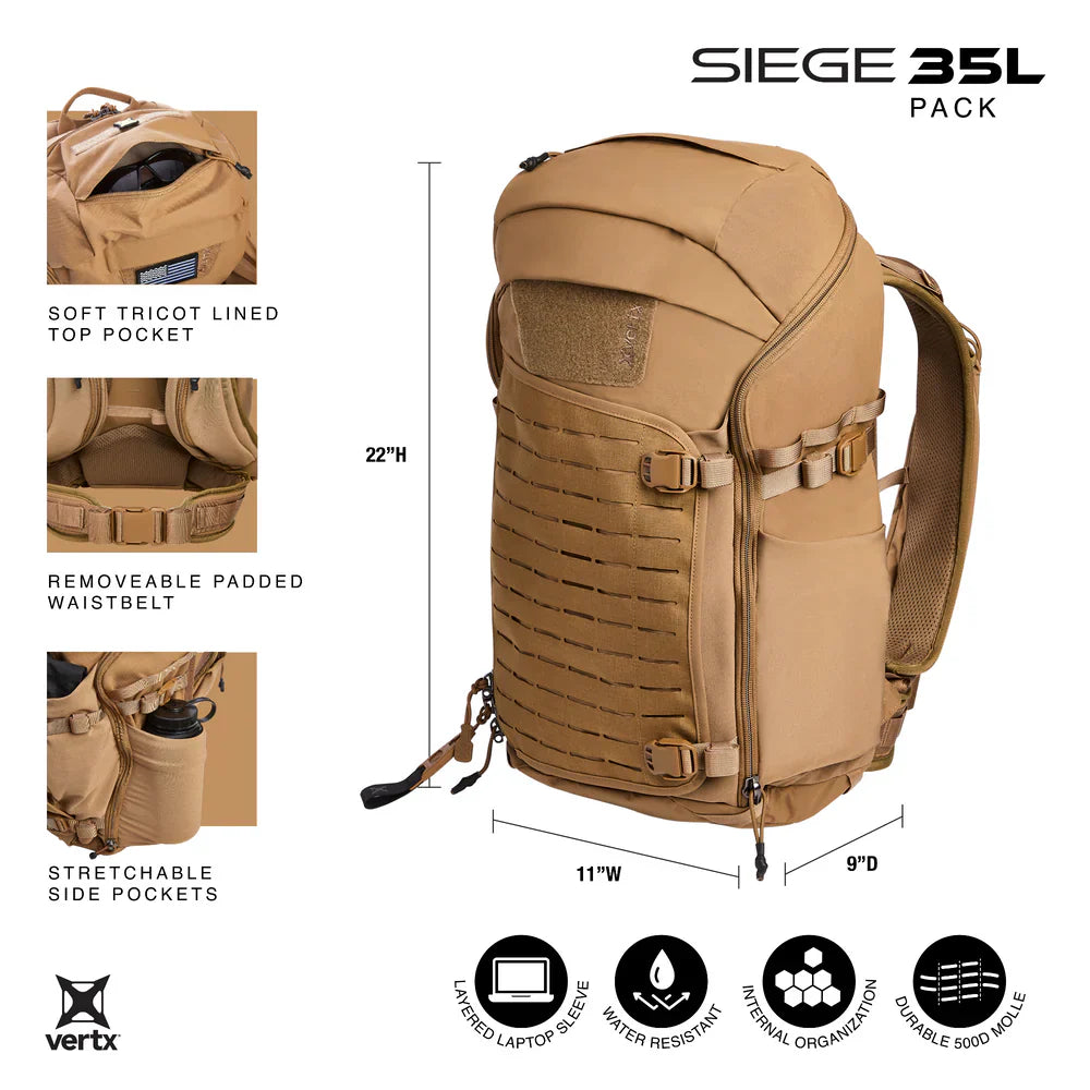 Vertx Siege 35L | 35L Mission Loadout & Rapid Access | Water-Resistant 330D Nylon