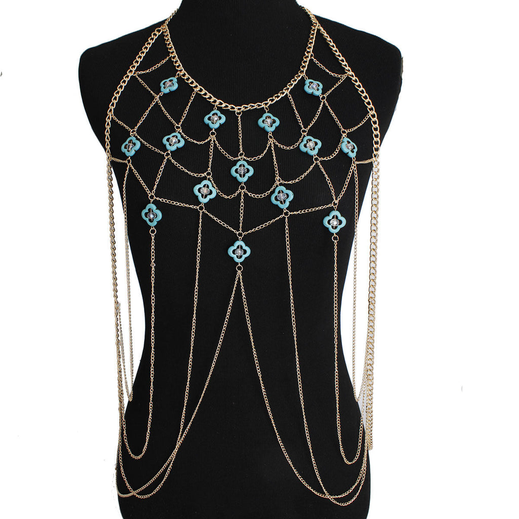Body Chain Gold and Turquoise Stylish Statement Jewelry Accessory